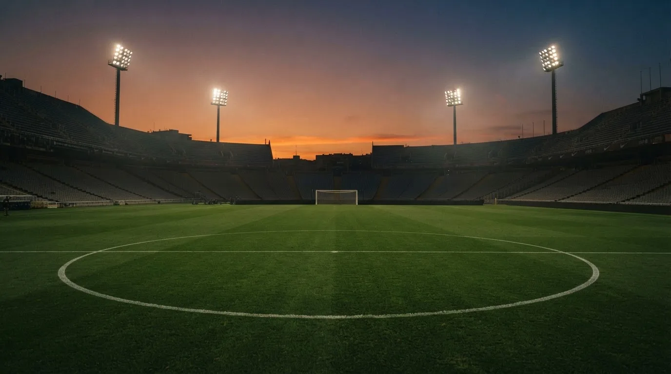 Un estadio de fútbol vacío con torres de iluminación al atardecer