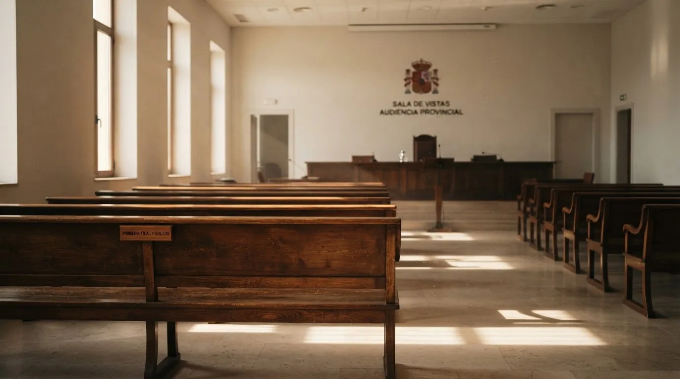 Una sala de tribunal vacía con bancos de madera a la luz de la mañana