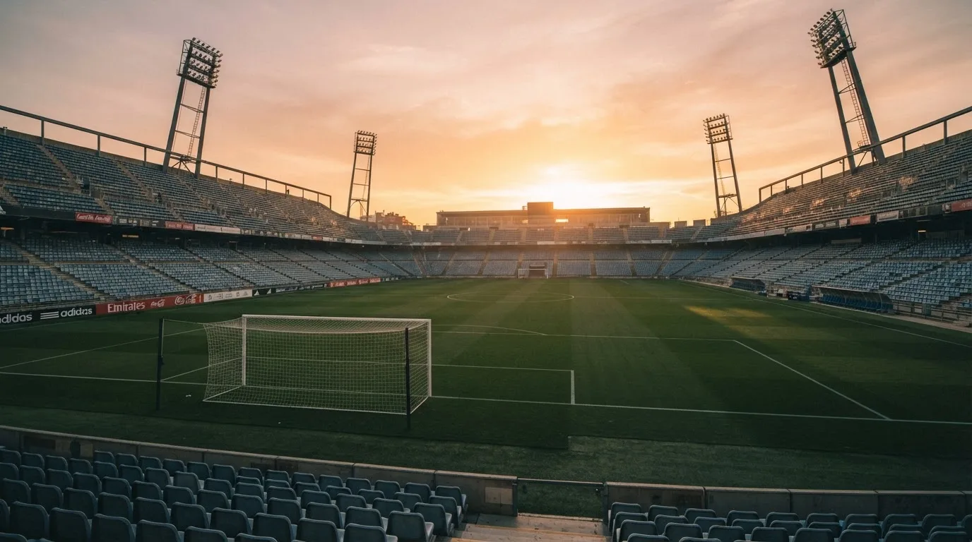 Un estadio de fútbol vacío con torres de iluminación al atardecer