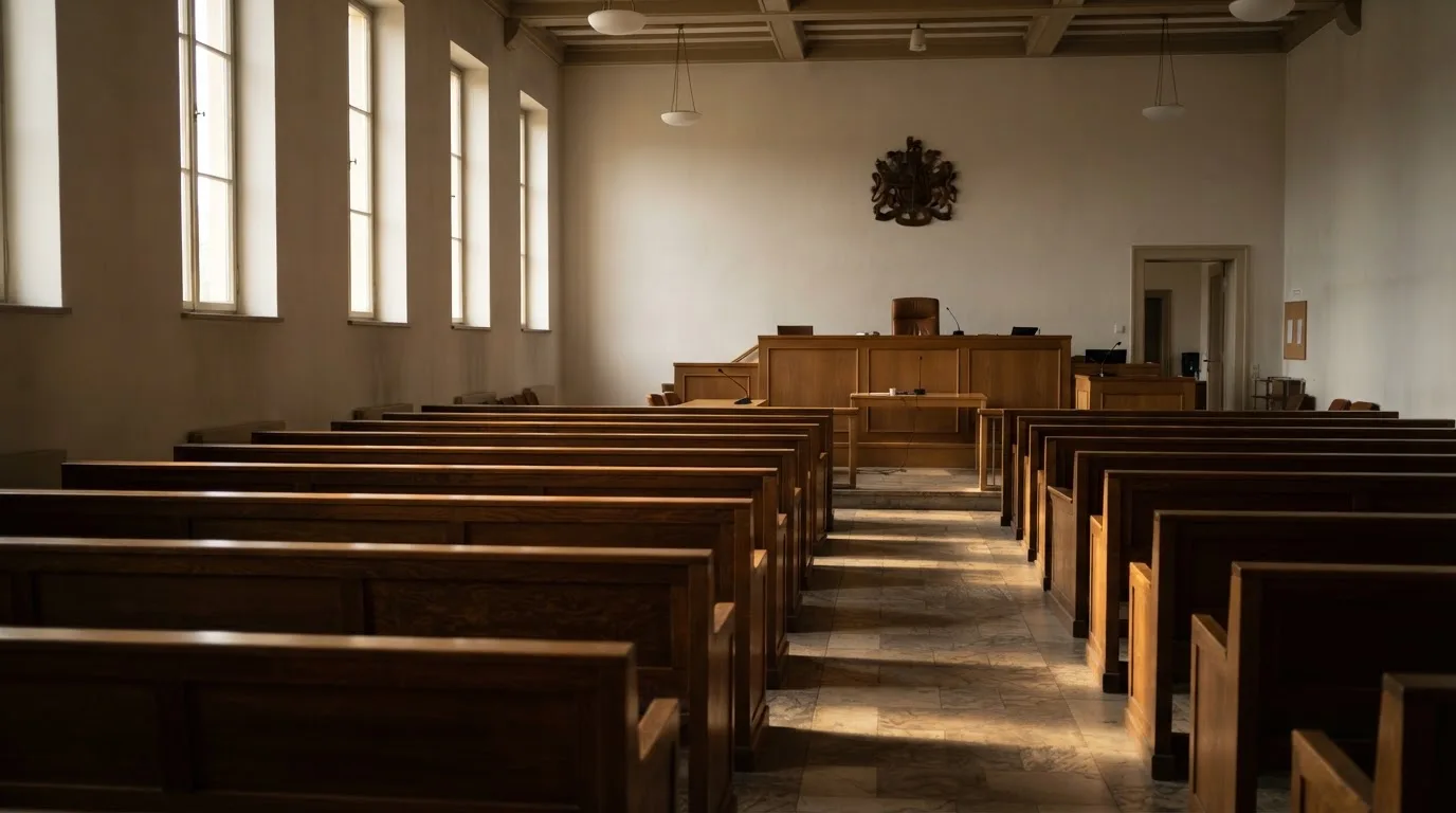 Una sala de tribunal vacía con bancos de madera a la luz de la mañana