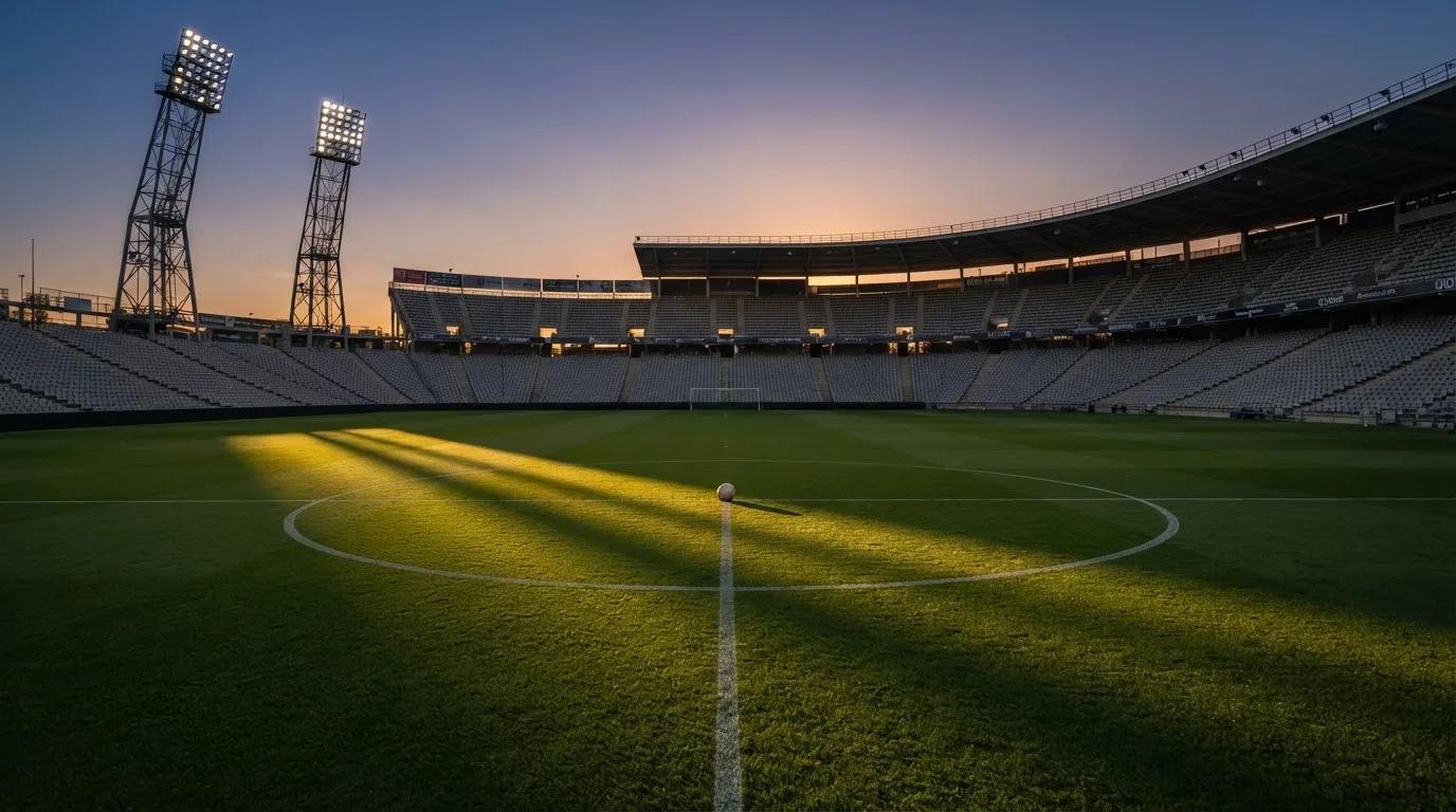 Un estadio de fútbol vacío con torres de iluminación al atardecer