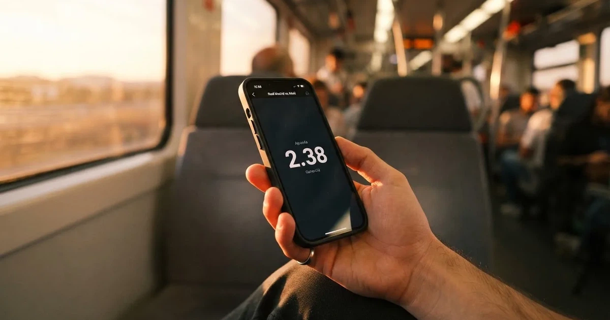 Una mano sostiene un móvil en el tren por la tarde, con la pantalla girada