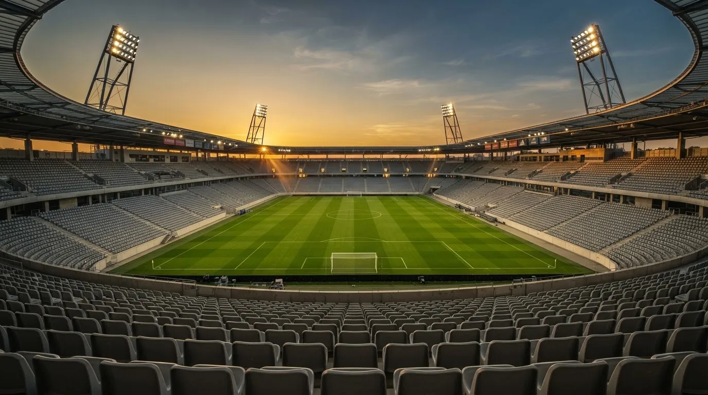Un estadio de fútbol vacío con torres de iluminación al atardecer
