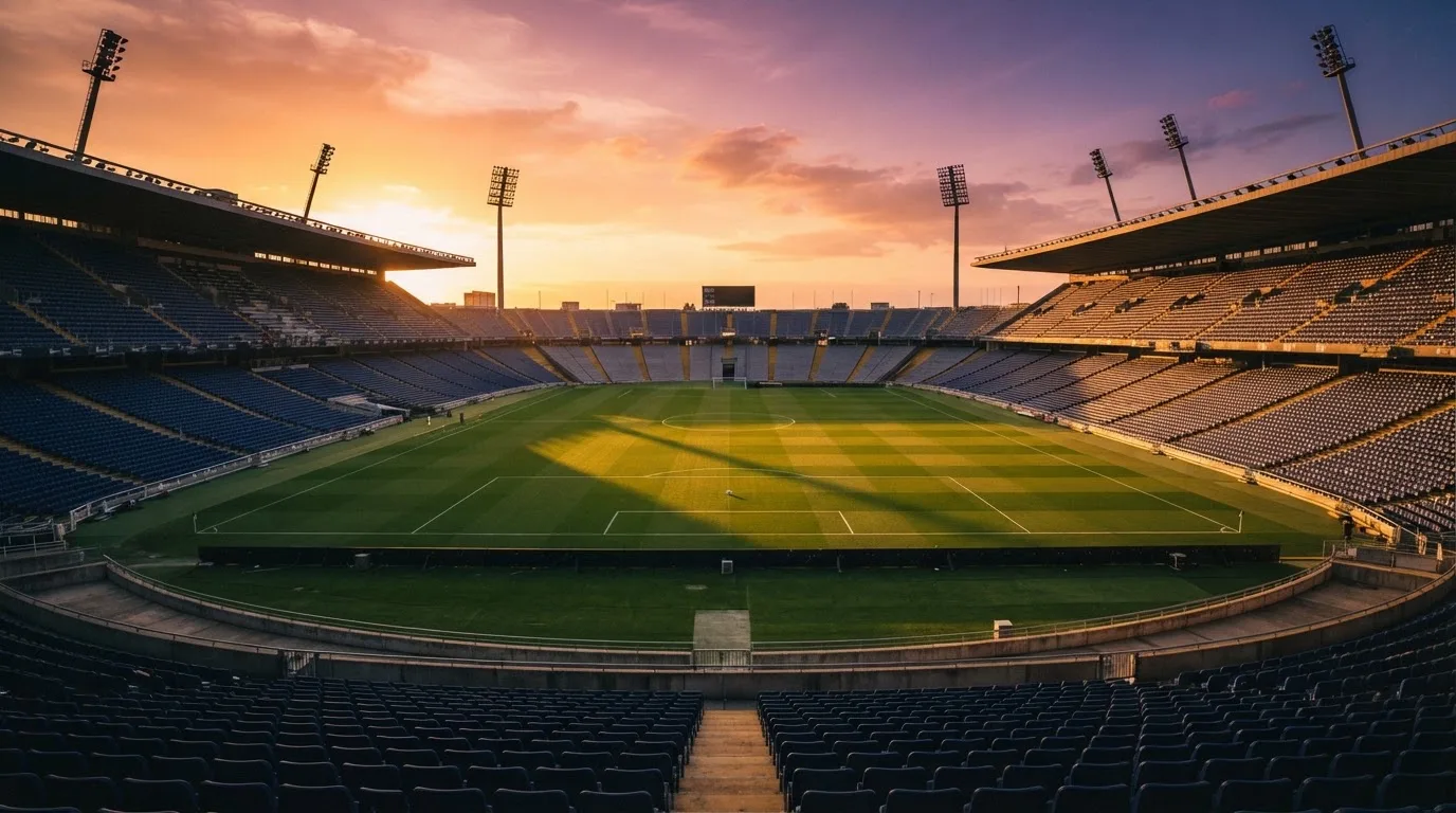 Un estadio de fútbol vacío con torres de iluminación al atardecer