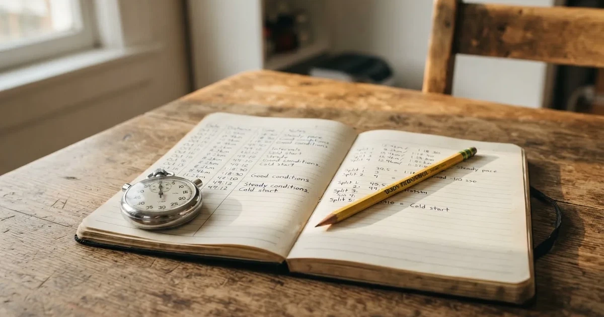 Un cuaderno abierto con un lápiz y un cronómetro sobre una mesa de madera