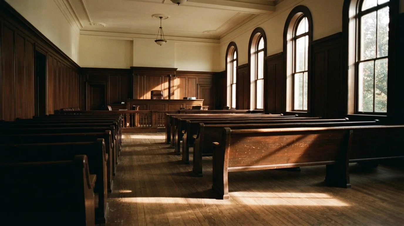 Una sala de tribunal vacía con bancos de madera a la luz de la mañana
