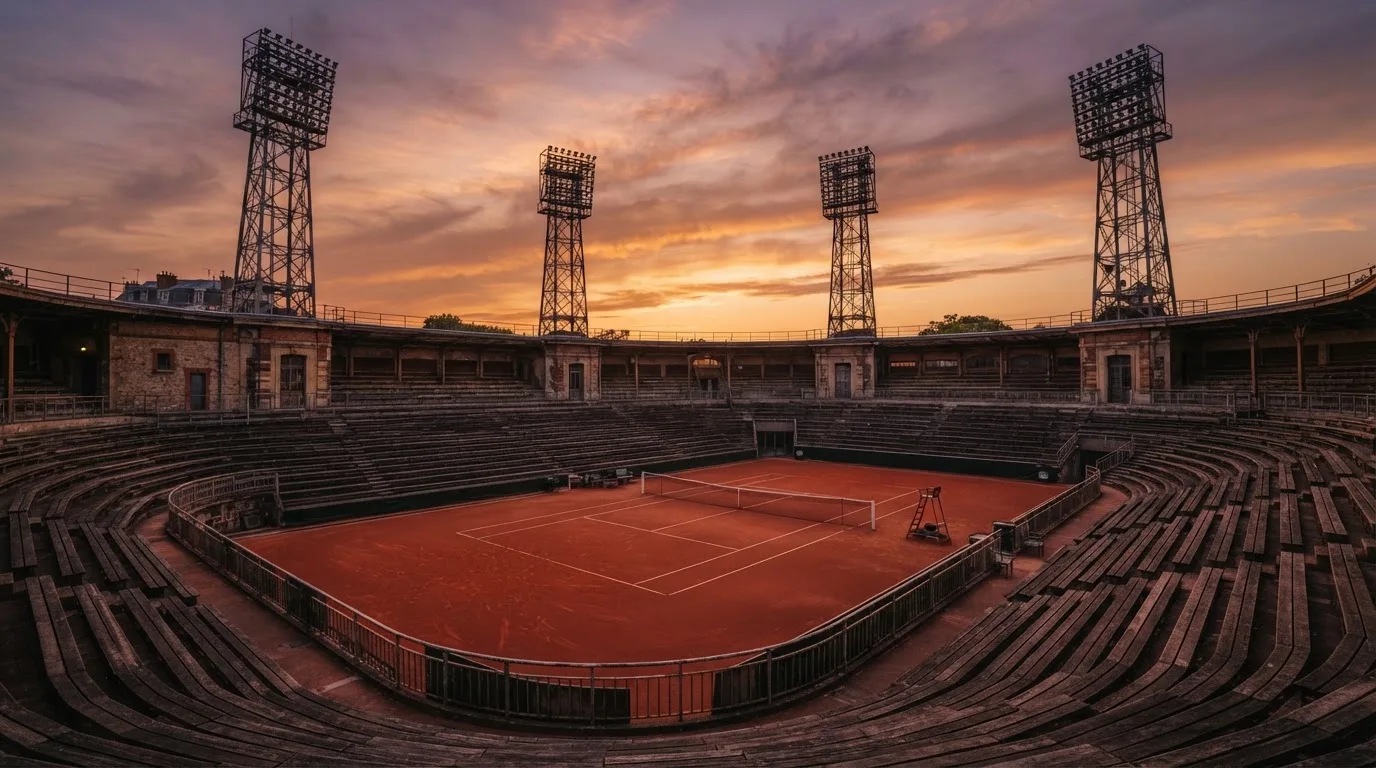 Un estadio de fútbol vacío con torres de iluminación al atardecer