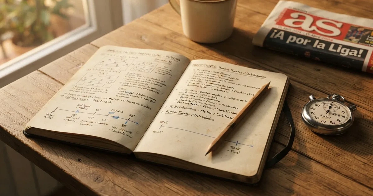 Un cuaderno abierto con un lápiz y un cronómetro sobre una mesa de madera