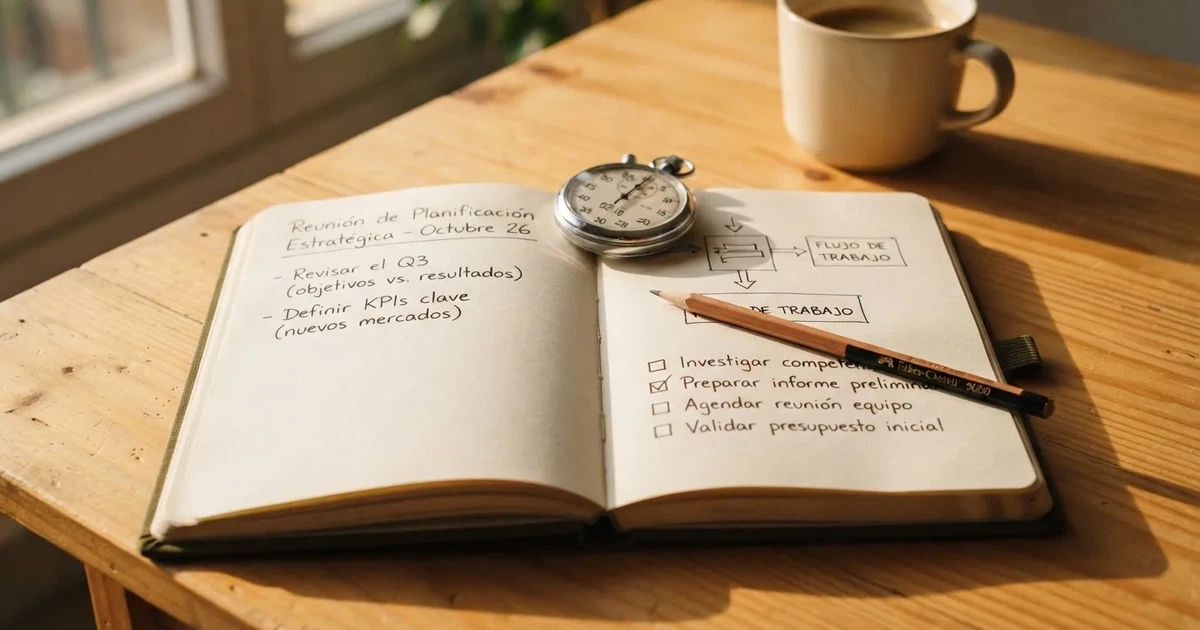 Un cuaderno abierto con un lápiz y un cronómetro sobre una mesa de madera
