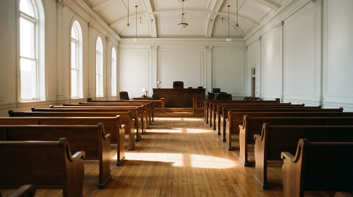 Una sala de tribunal vacía con bancos de madera a la luz de la mañana