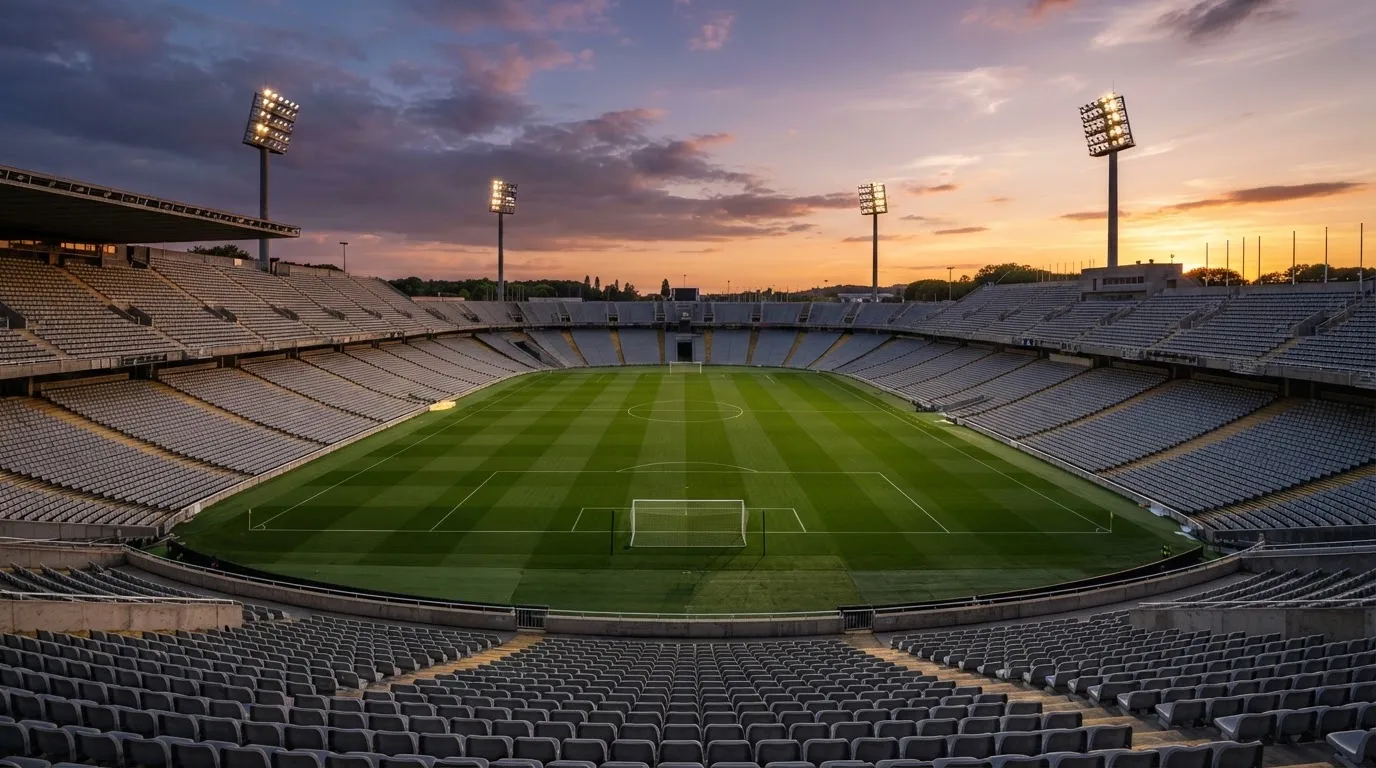 Un estadio de fútbol vacío con torres de iluminación al atardecer