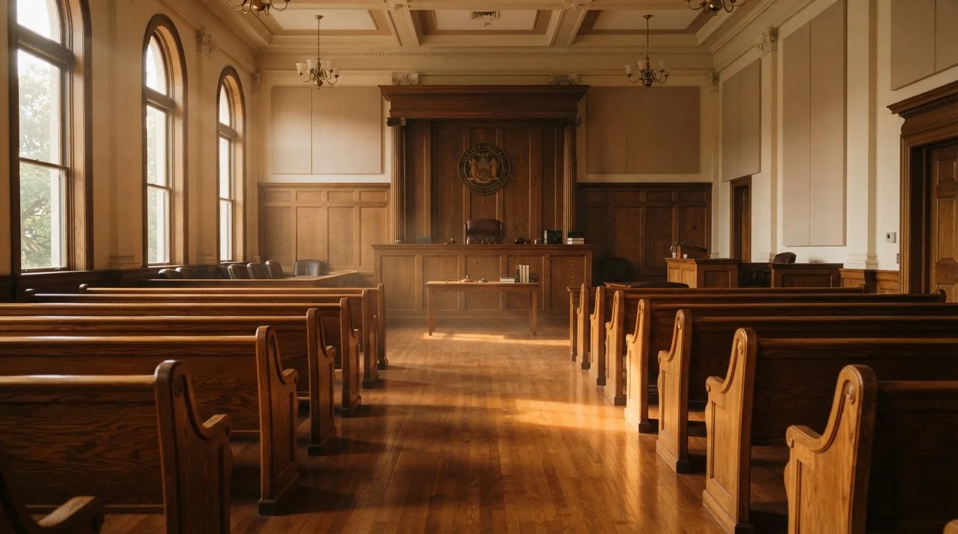 Una sala de tribunal vacía con bancos de madera a la luz de la mañana