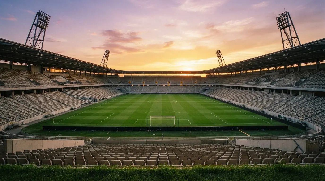 Un estadio de fútbol vacío con torres de iluminación al atardecer