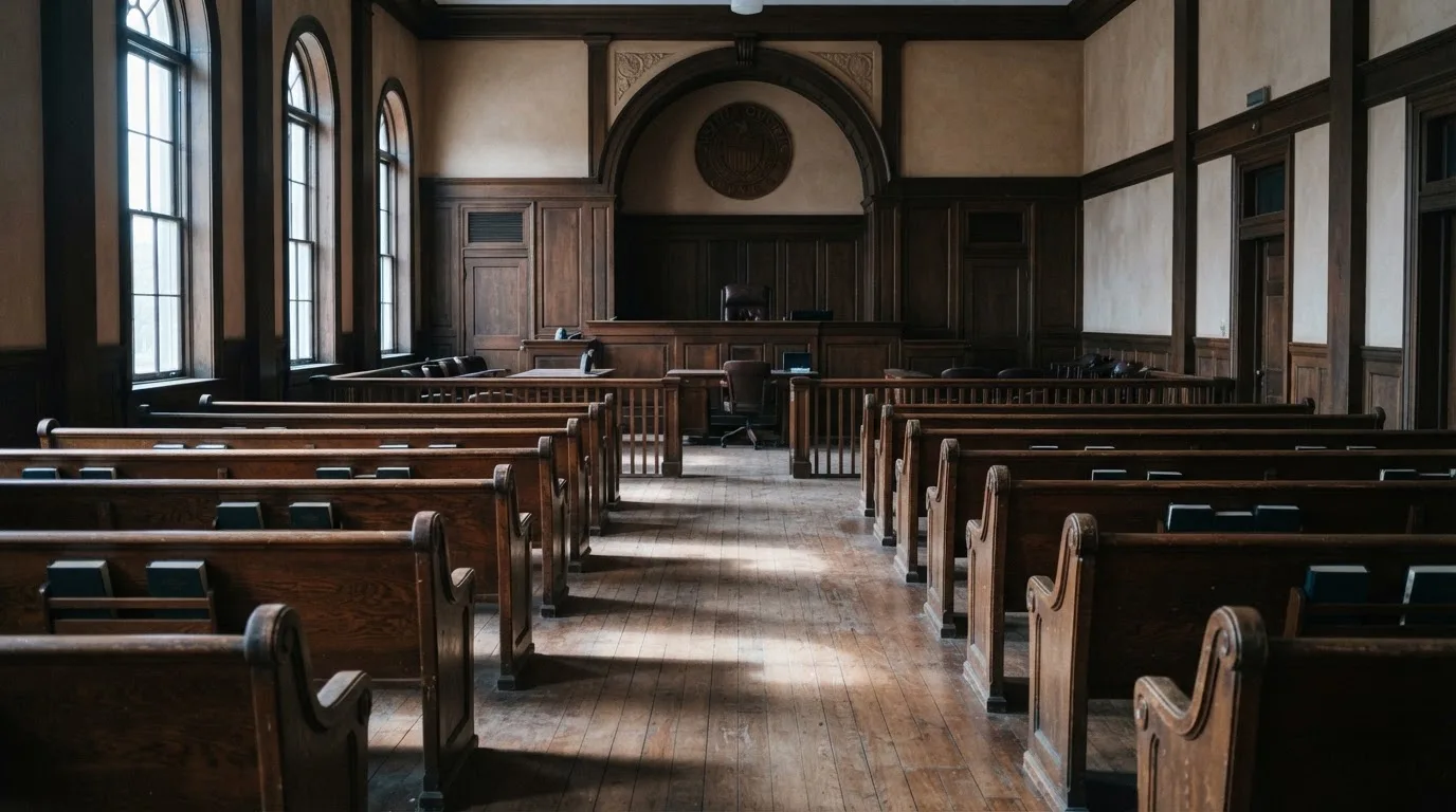 Una sala de tribunal vacía con bancos de madera a la luz de la mañana
