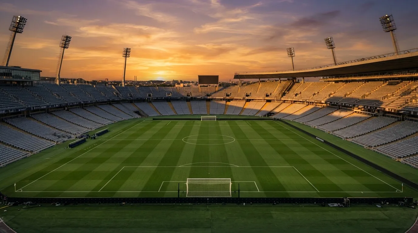 Un estadio de fútbol vacío con torres de iluminación al atardecer