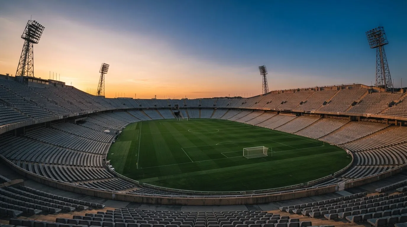 Un estadio de fútbol vacío con torres de iluminación al atardecer