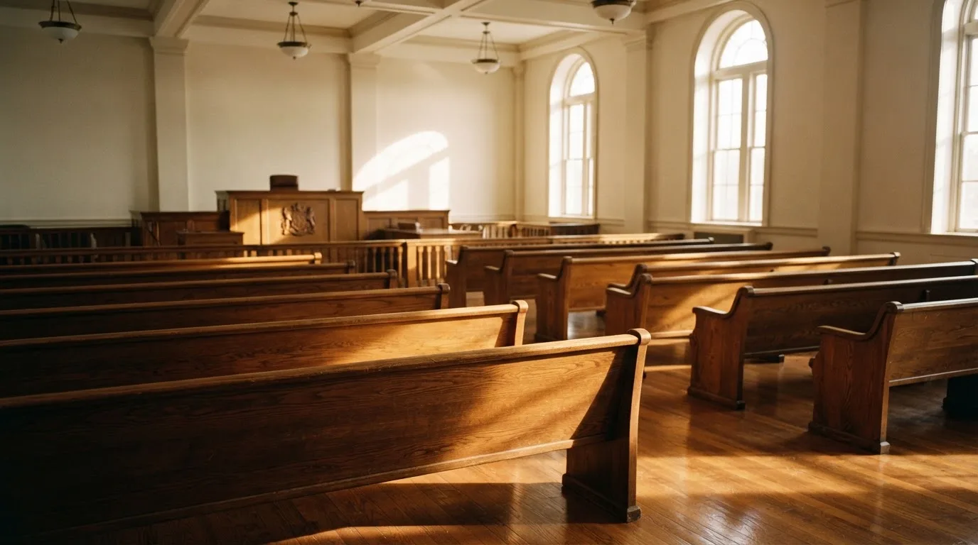 Una sala de tribunal vacía con bancos de madera a la luz de la mañana