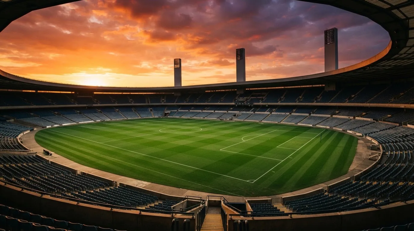 Un estadio de fútbol vacío con torres de iluminación al atardecer