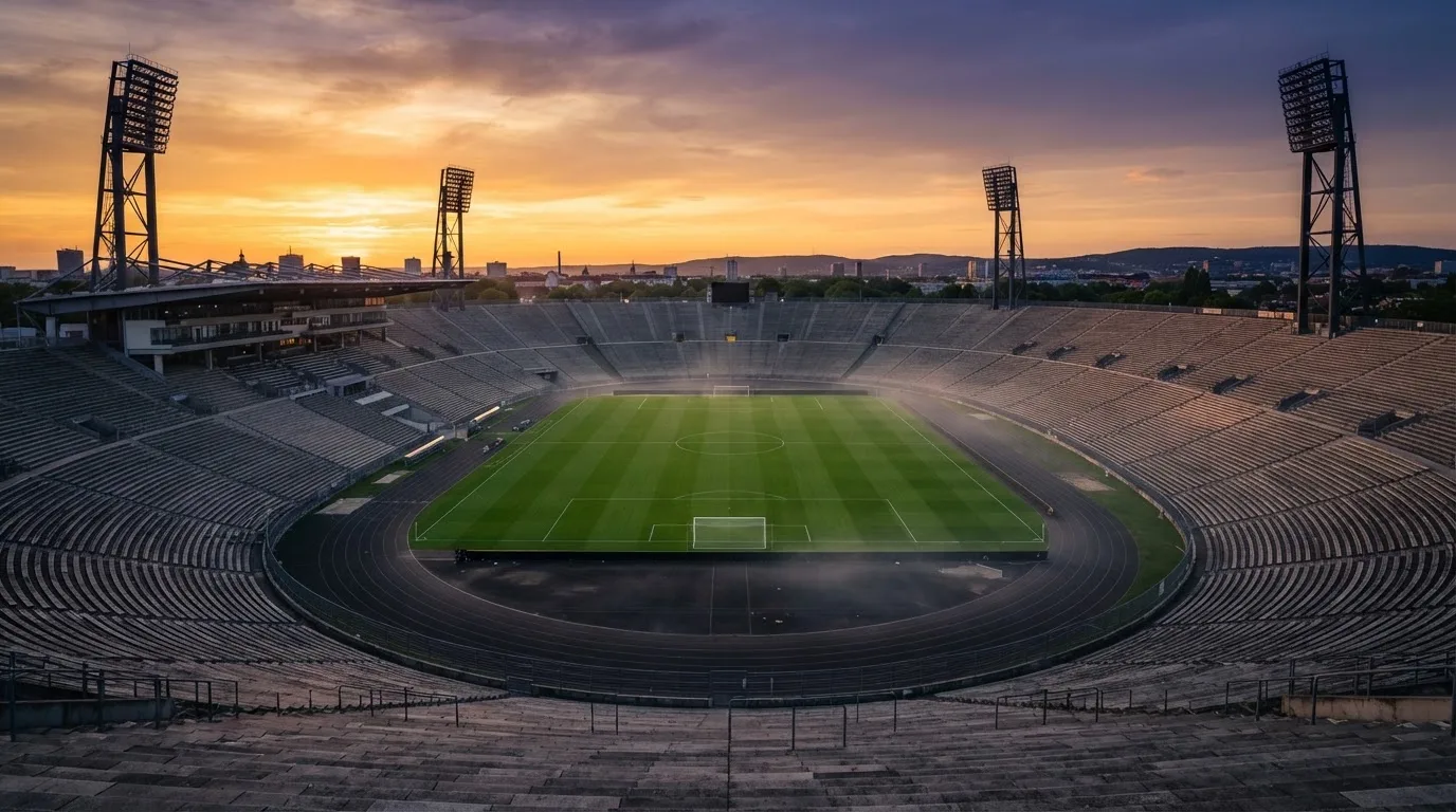 Un estadio de fútbol vacío con torres de iluminación al atardecer