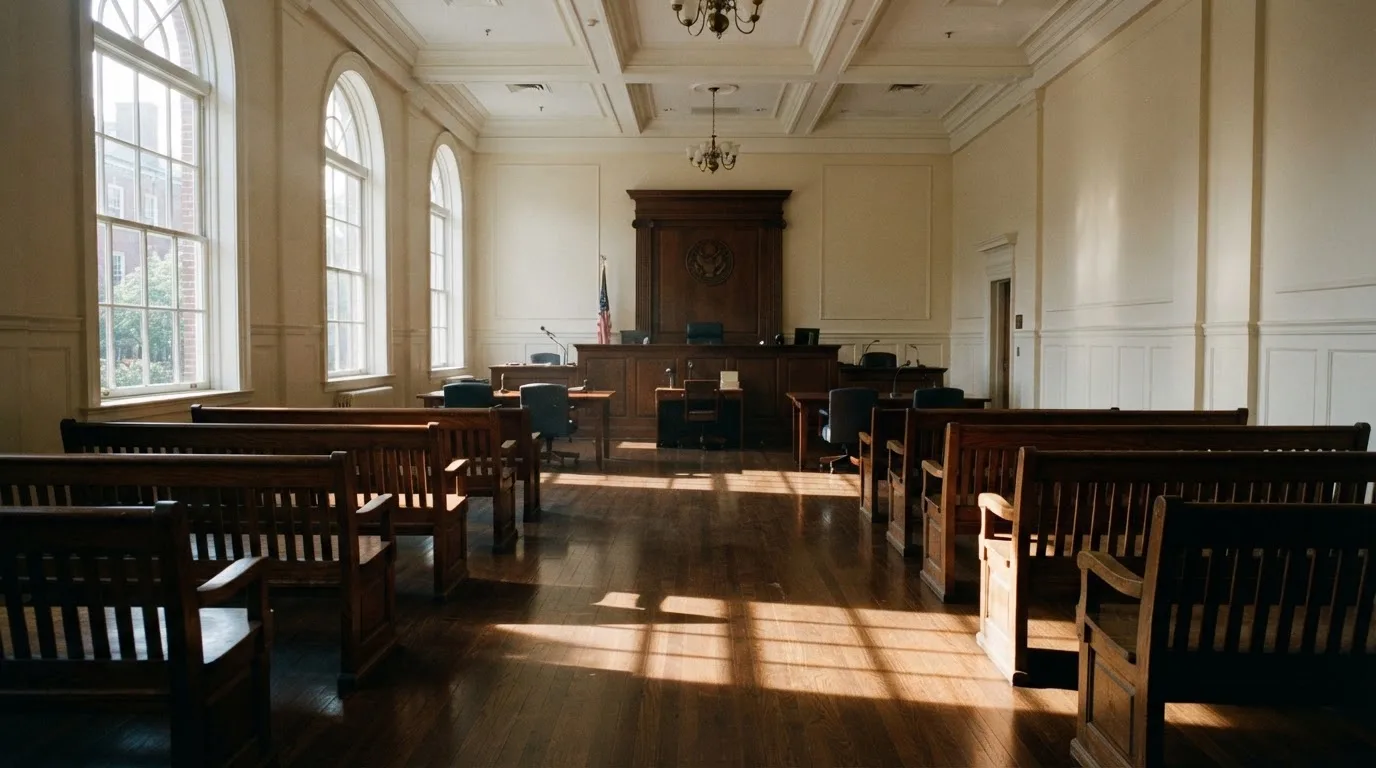 Una sala de tribunal vacía con bancos de madera a la luz de la mañana