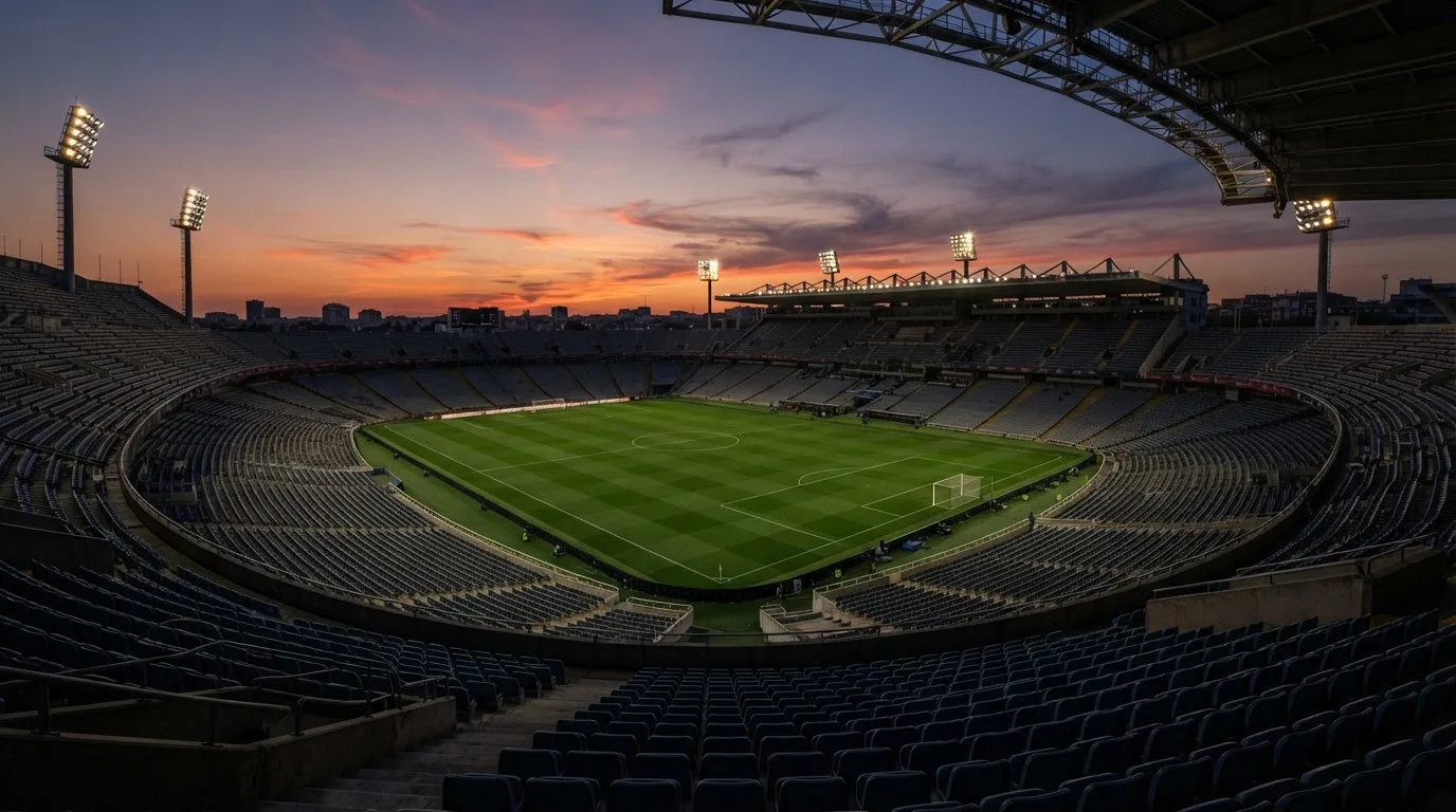 Un estadio de fútbol vacío con torres de iluminación al atardecer