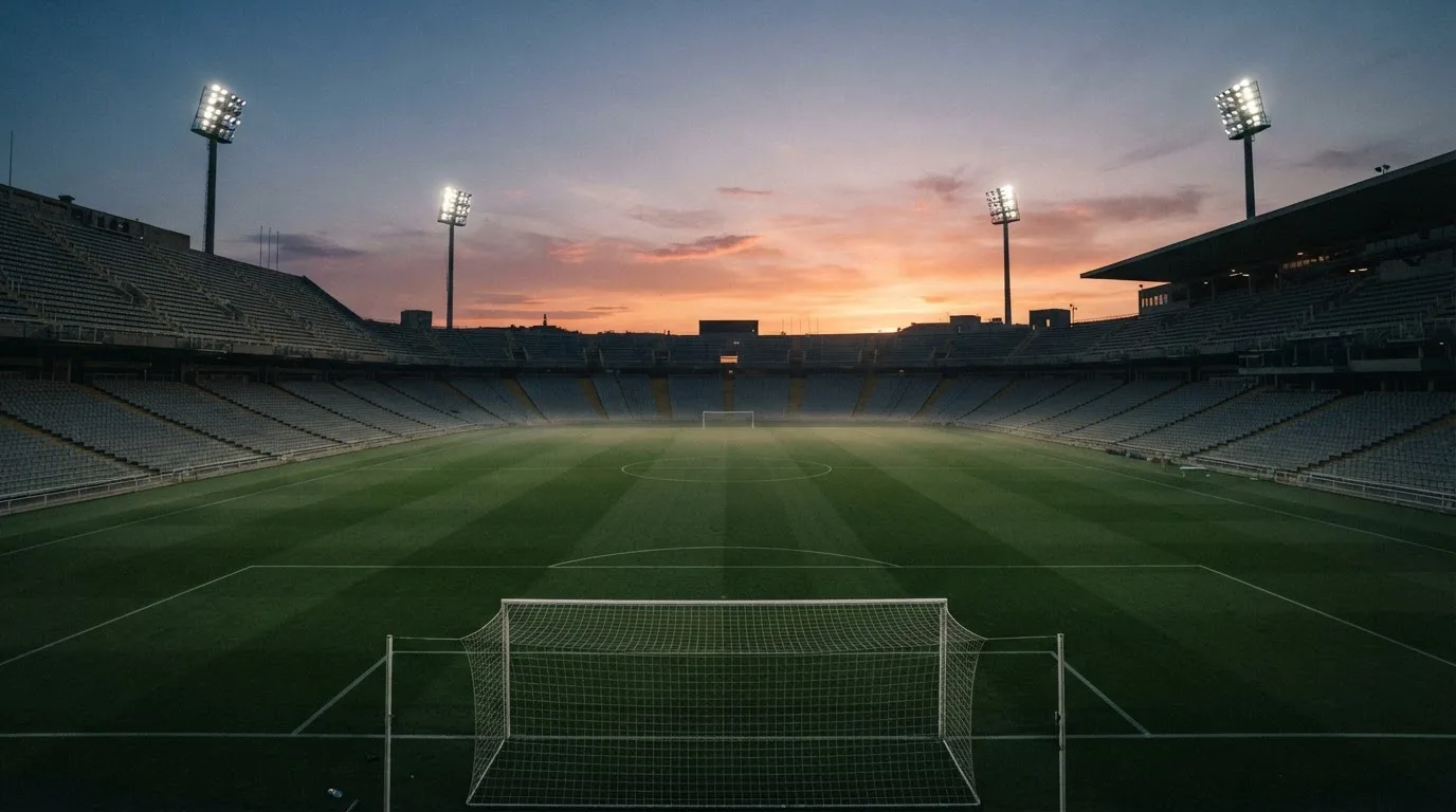 Un estadio de fútbol vacío con torres de iluminación al atardecer