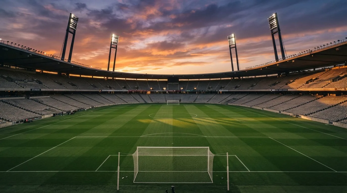 Un estadio de fútbol vacío con torres de iluminación al atardecer