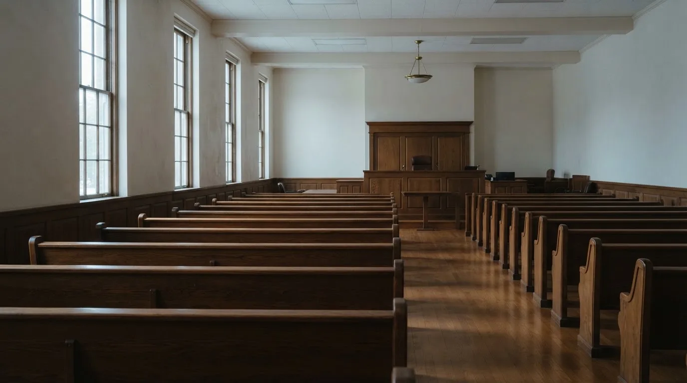 Una sala de tribunal vacía con bancos de madera a la luz de la mañana