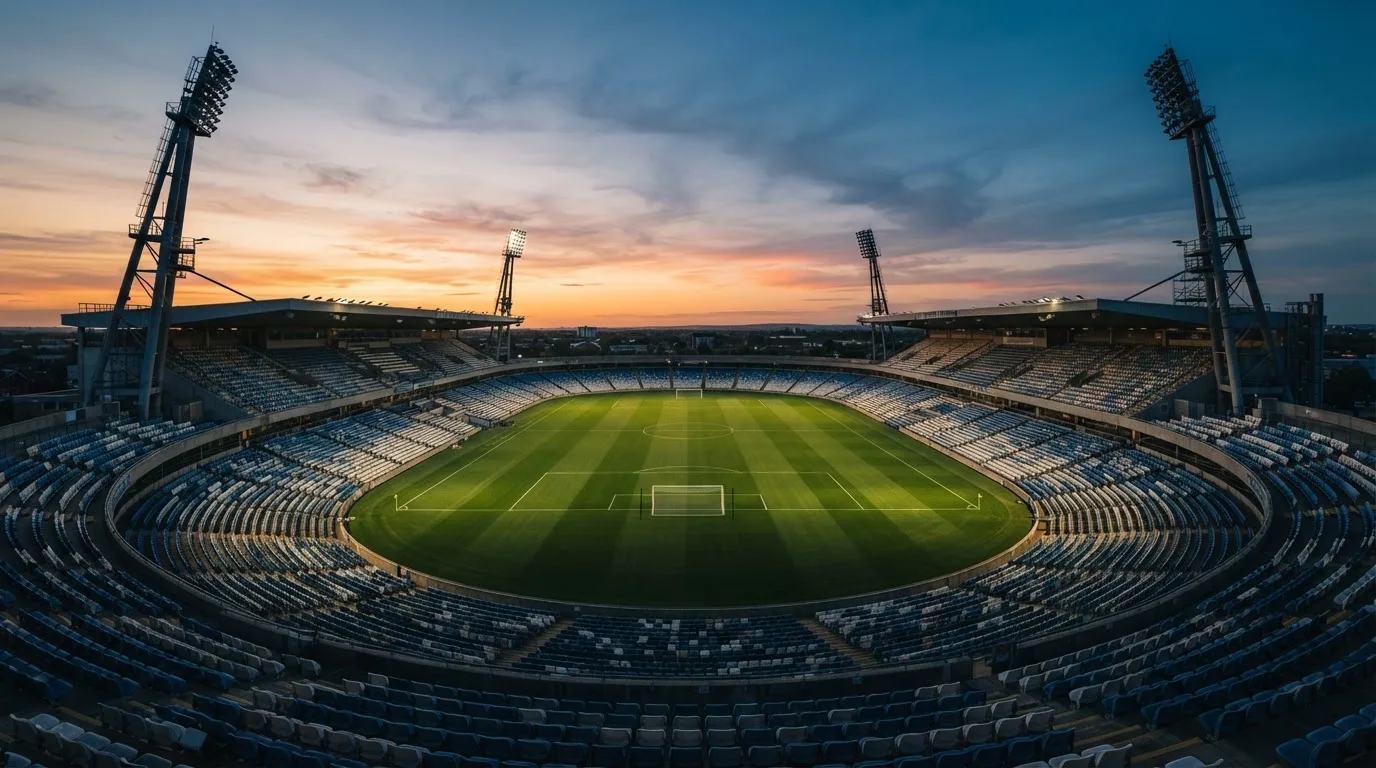 Un estadio de fútbol vacío con torres de iluminación al atardecer