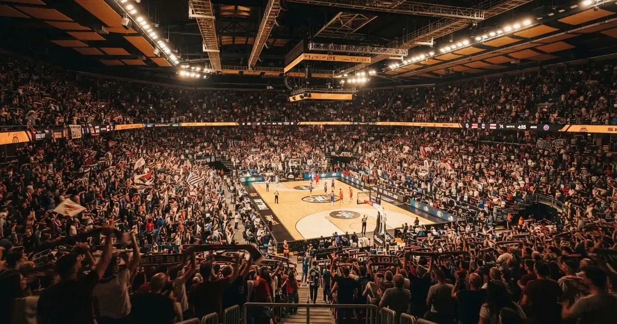 Un pabellón deportivo lleno bajo los focos, fotografiado desde muy lejos