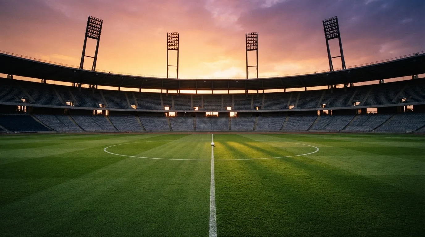 Un estadio de fútbol vacío con torres de iluminación al atardecer