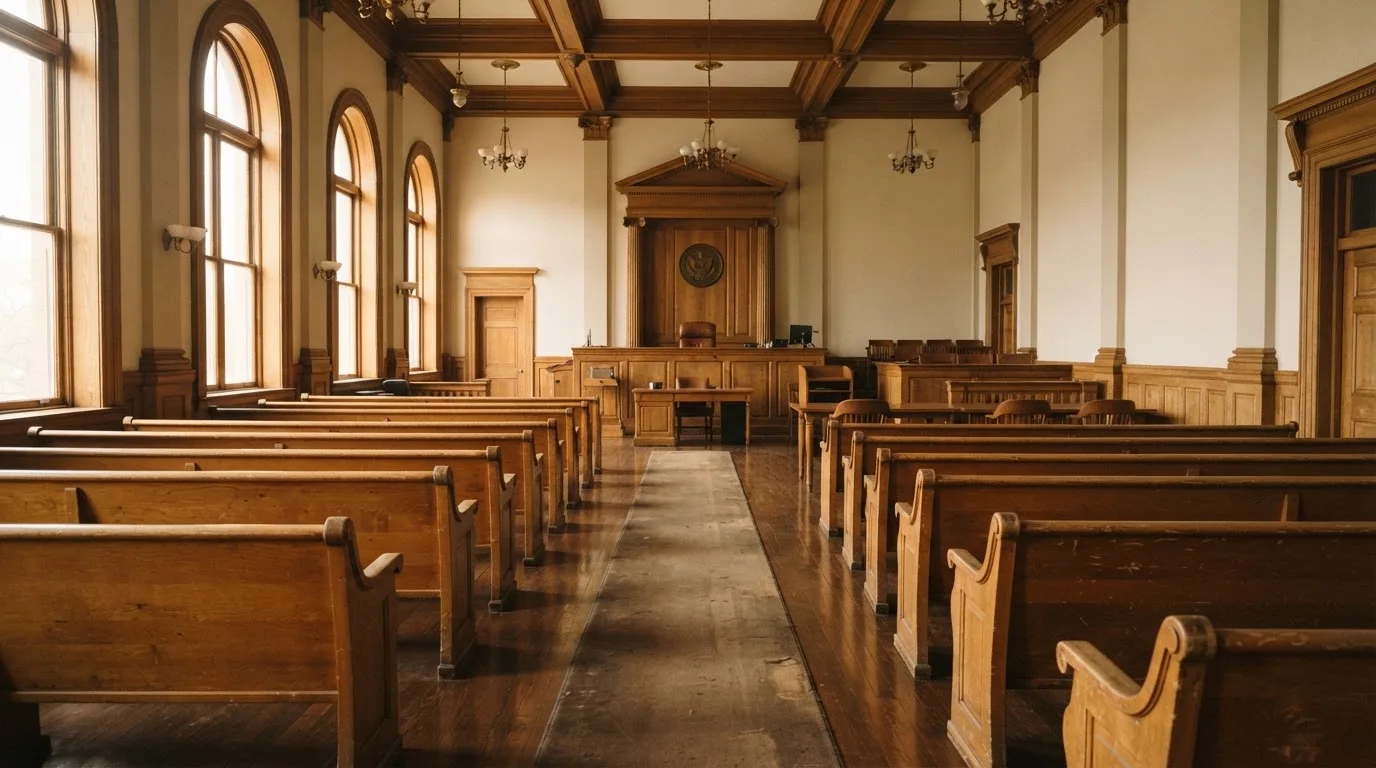Una sala de tribunal vacía con bancos de madera a la luz de la mañana