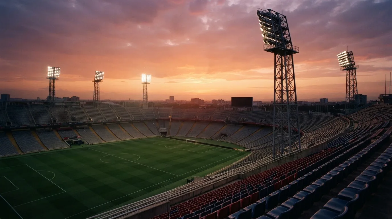 Un estadio de fútbol vacío con torres de iluminación al atardecer