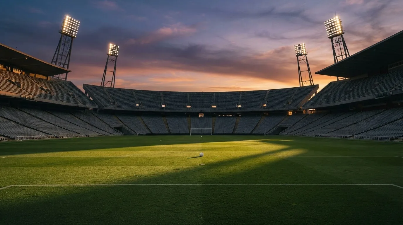 Un estadio de fútbol vacío con torres de iluminación al atardecer