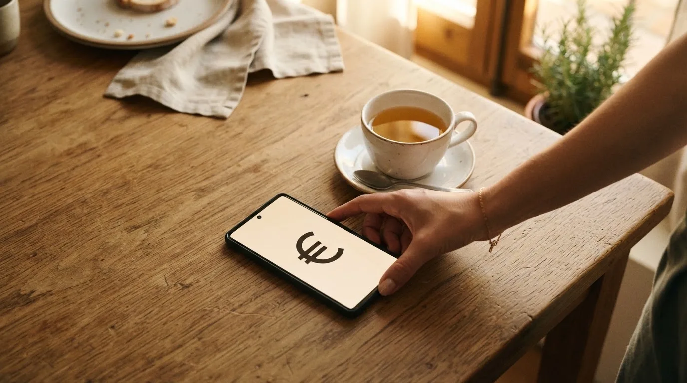 Una mano deja un móvil junto a una taza de té sobre la mesa de la cocina, una tarde tranquila