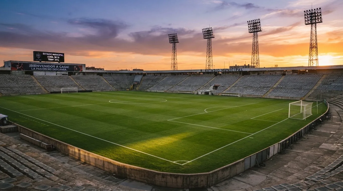 Un estadio de fútbol vacío con torres de iluminación al atardecer