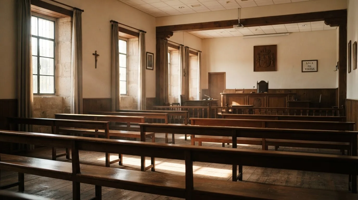 Una sala de tribunal vacía con bancos de madera a la luz de la mañana