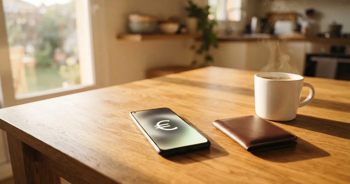 Un móvil sobre una mesa de madera junto a una cartera y una taza de café