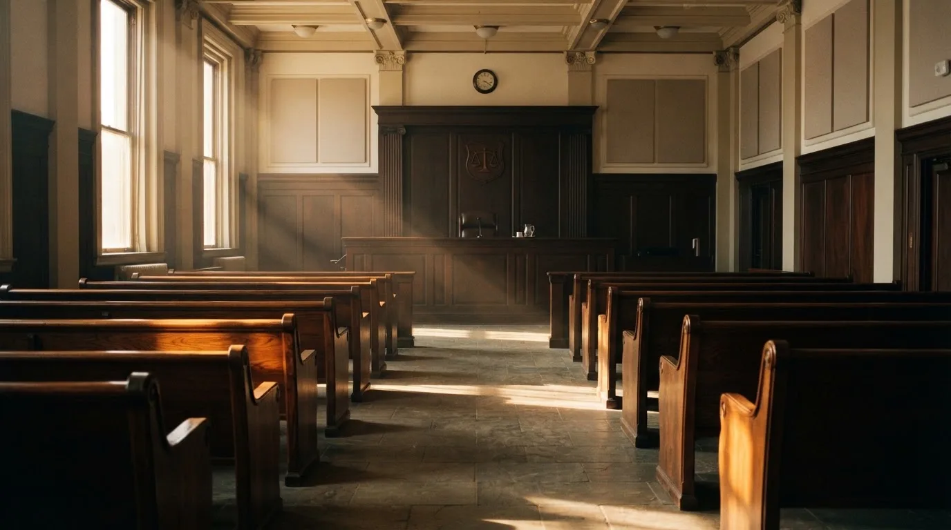 Una sala de tribunal vacía con bancos de madera a la luz de la mañana