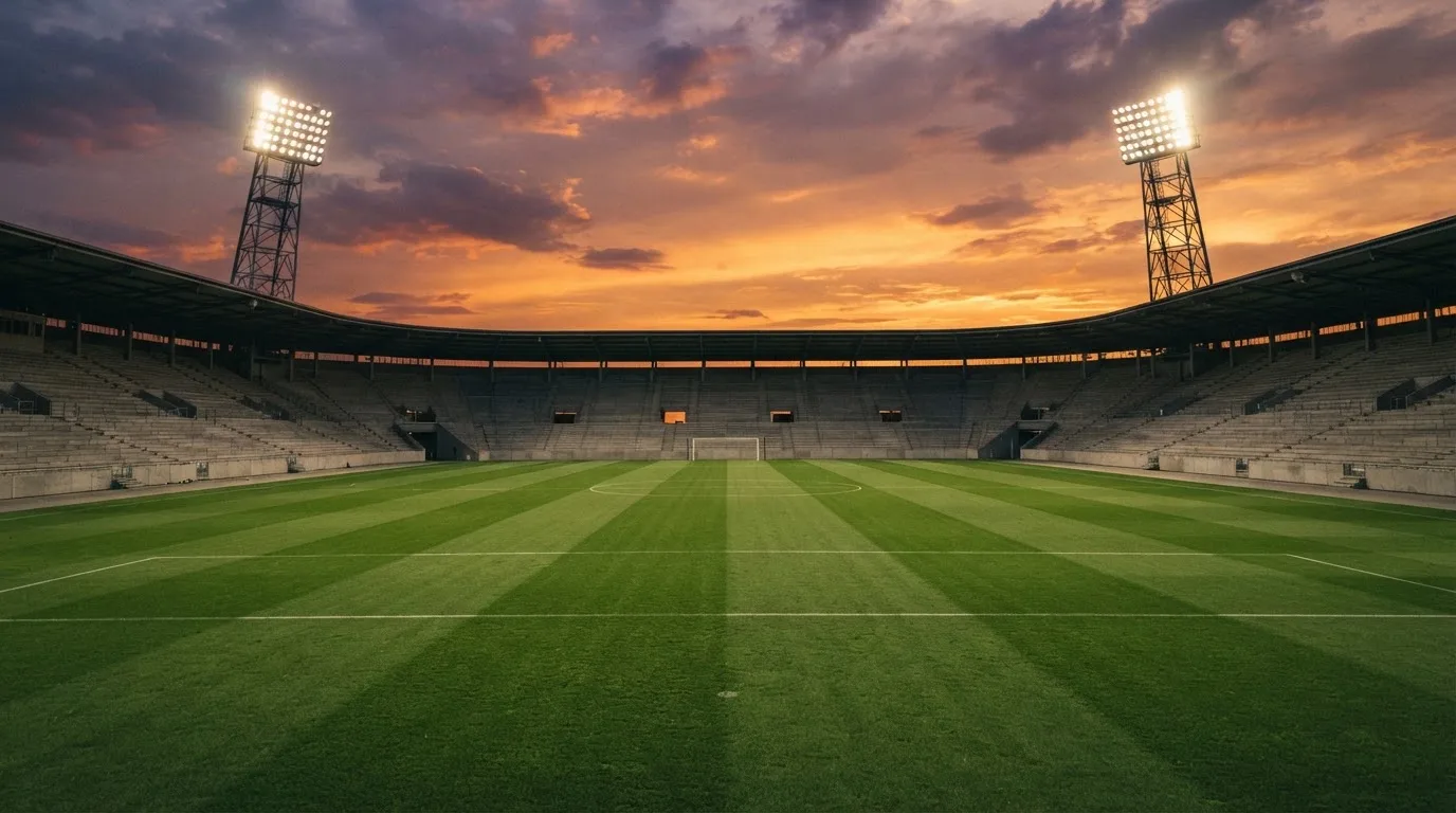 Un estadio de fútbol vacío con torres de iluminación al atardecer