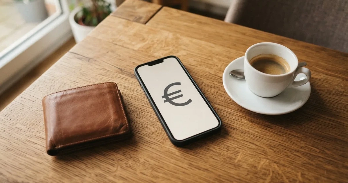 Un móvil sobre una mesa de madera junto a una cartera y una taza de café