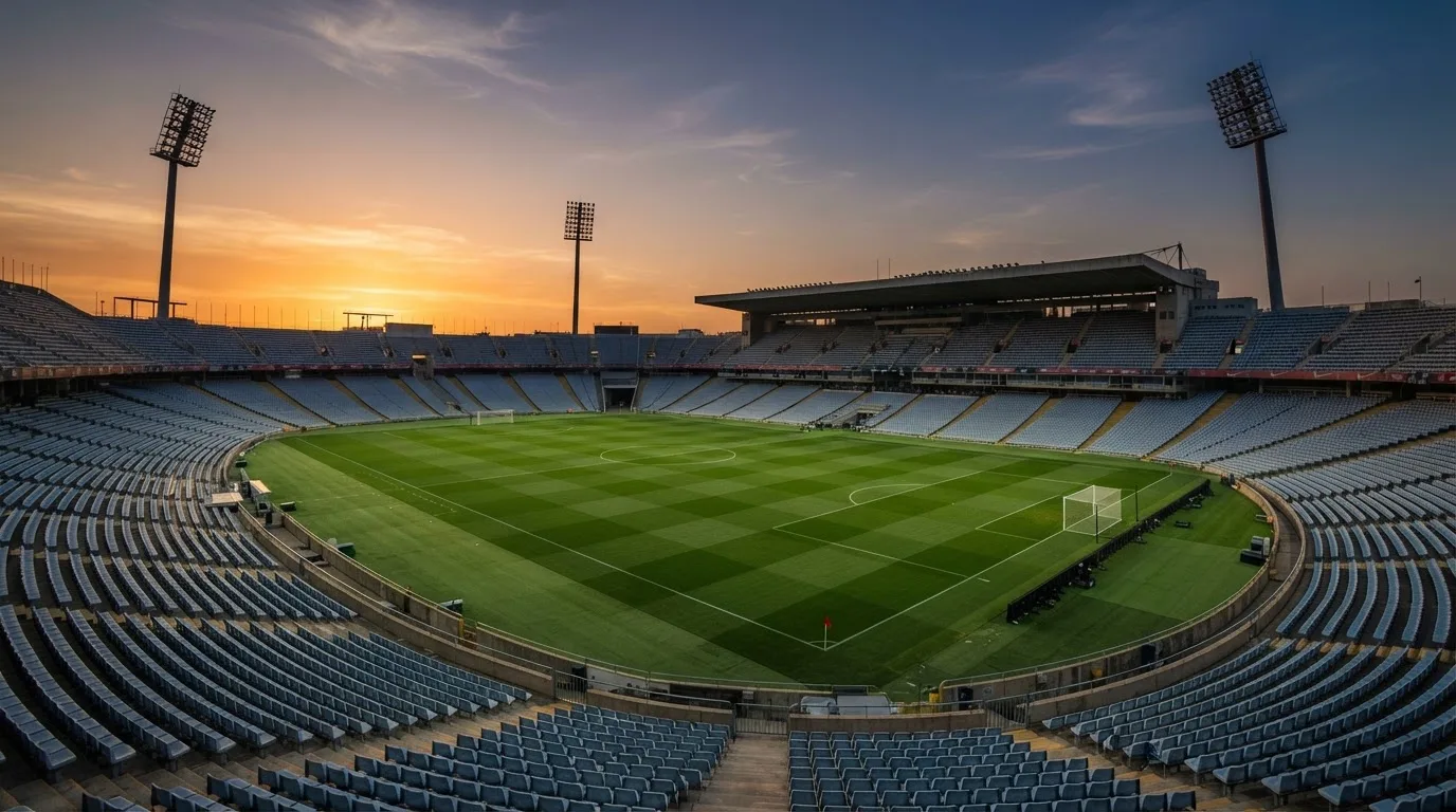 Un estadio de fútbol vacío con torres de iluminación al atardecer