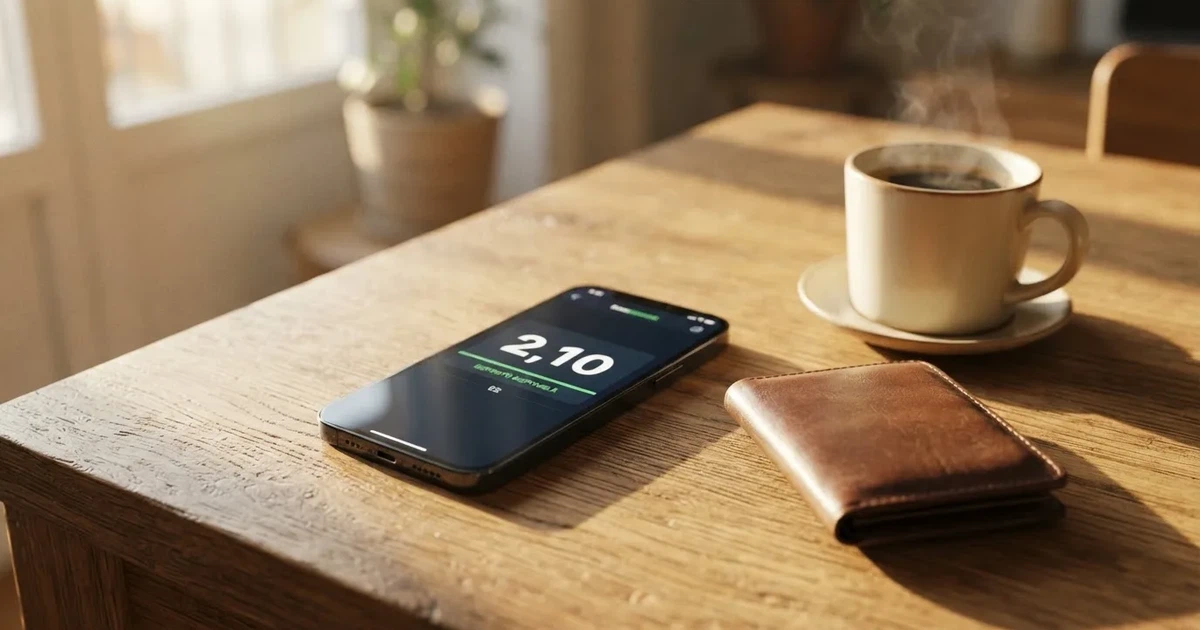 Un móvil sobre una mesa de madera junto a una cartera y una taza de café