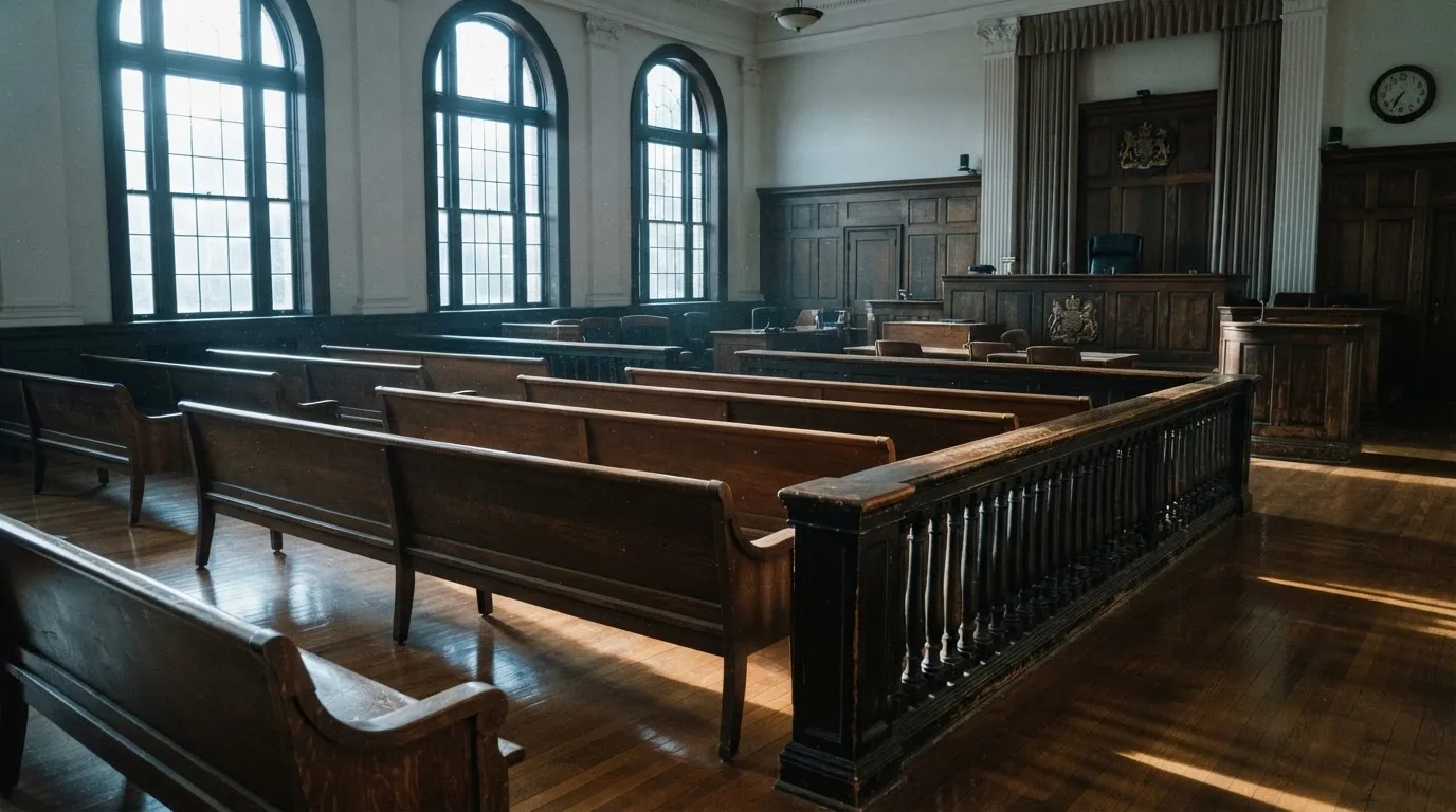 Una sala de tribunal vacía con bancos de madera a la luz de la mañana