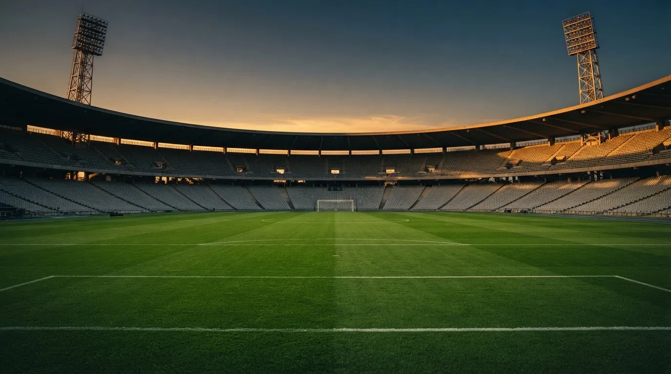 Un estadio de fútbol vacío con torres de iluminación al atardecer