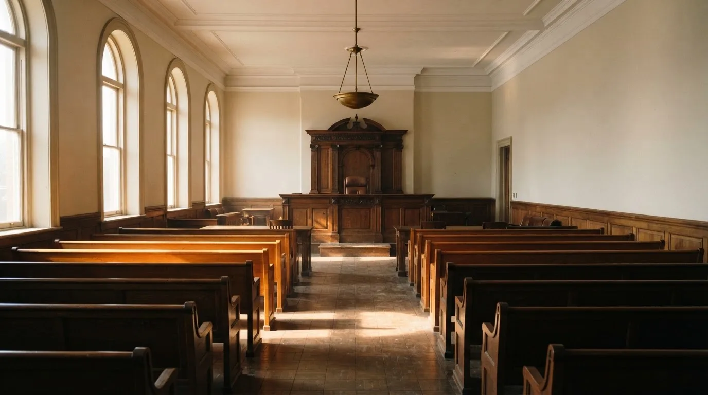 Una sala de tribunal vacía con bancos de madera a la luz de la mañana