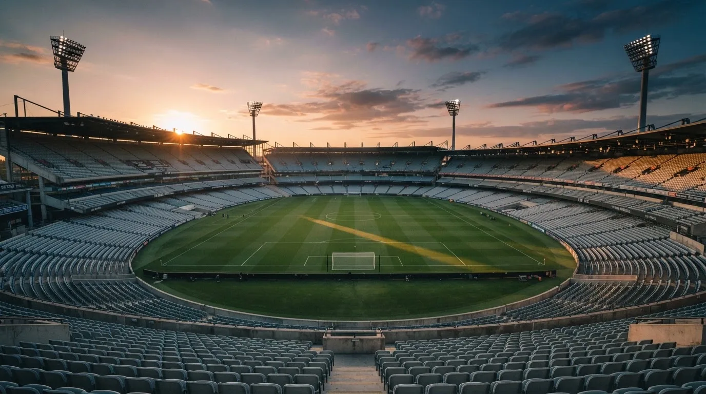 Un estadio de fútbol vacío con torres de iluminación al atardecer