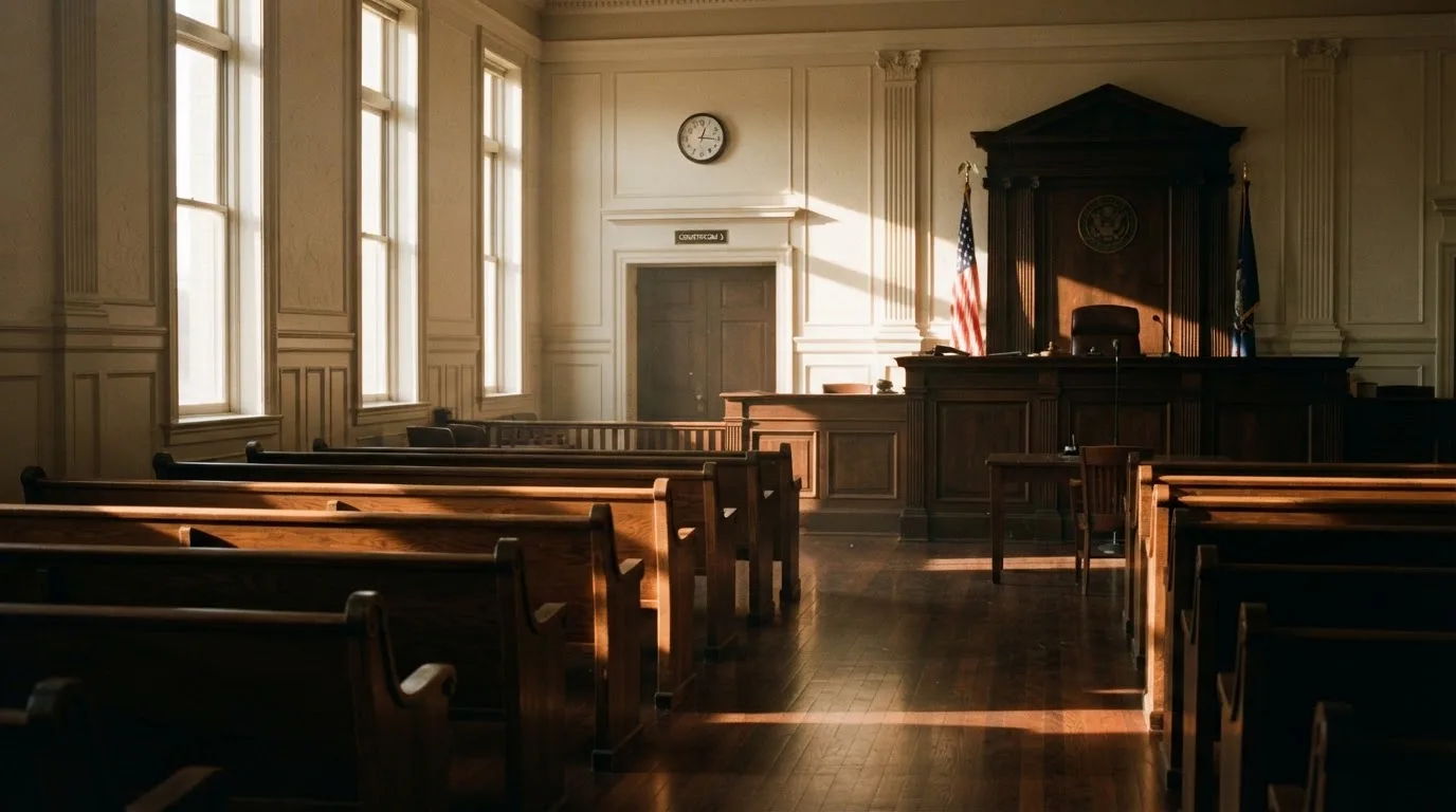 Una sala de tribunal vacía con bancos de madera a la luz de la mañana