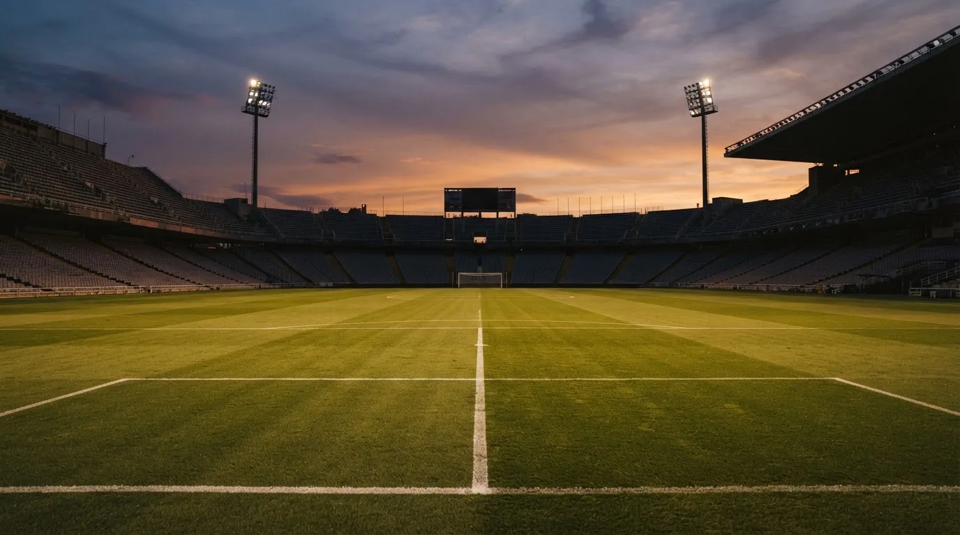 Un estadio de fútbol vacío con torres de iluminación al atardecer