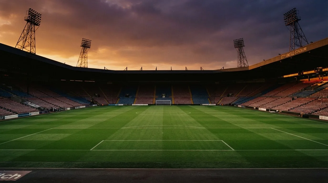 Un estadio de fútbol vacío con torres de iluminación al atardecer